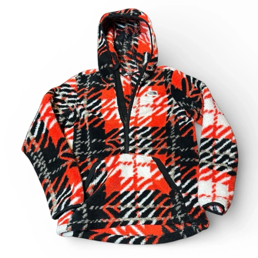 The North Face Kids Cabin Fleece Pullover Hoodie Red Black Plaid Size XL 14-16